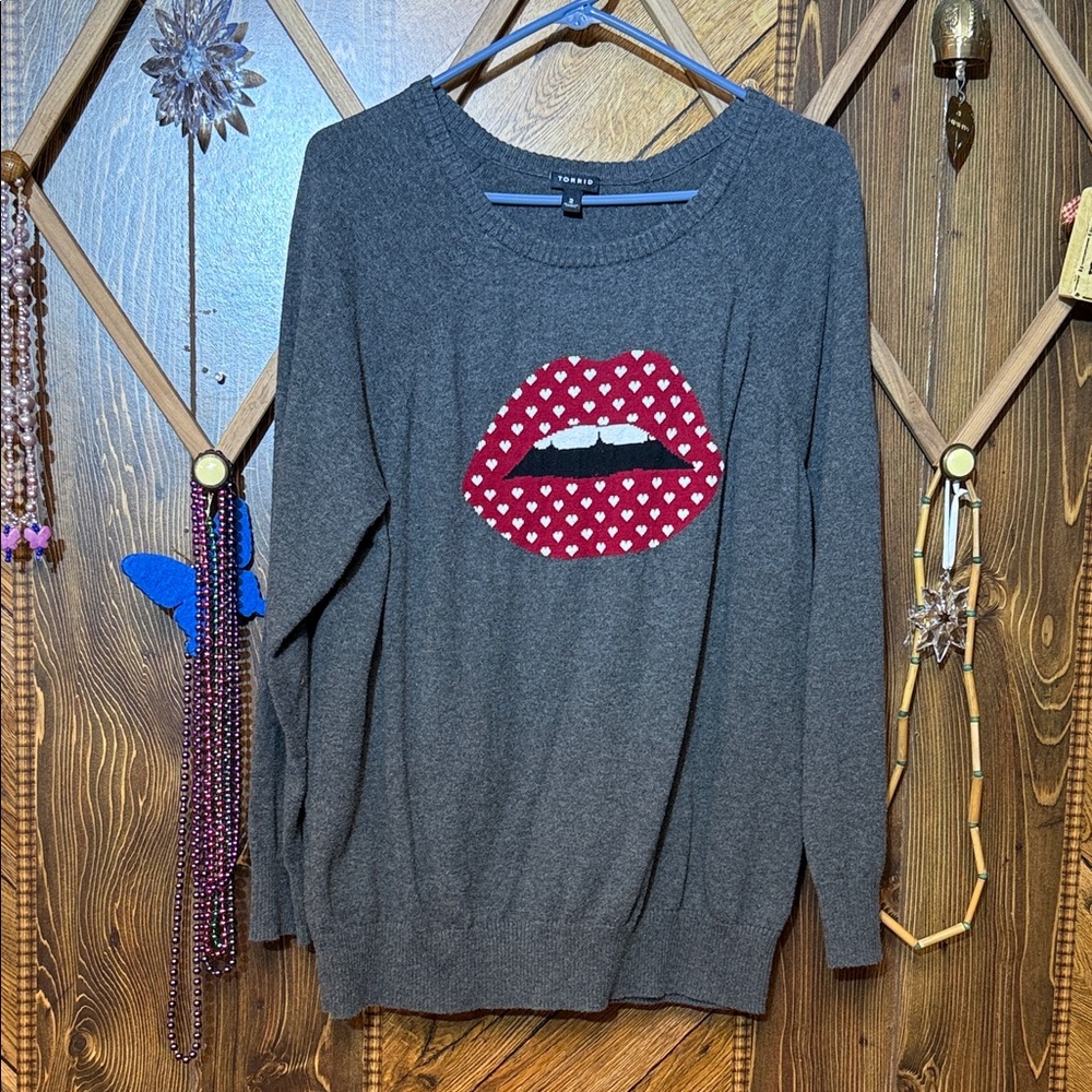 torrid Charcoal Crewneck Sweater with Red Heart Lips Graphic